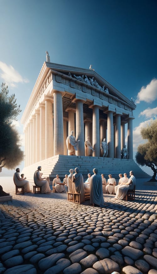 DALL·E 2023-11-20 23.16.00 - A vertical scene of an ancient Greek temple under a clear blue sky. The temple, made of white marble, features majestic, fluted Doric columns and a pr (1)