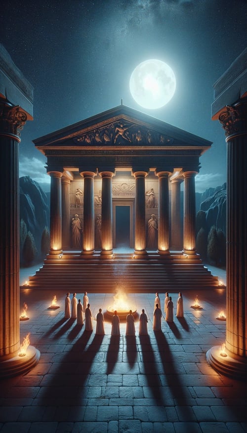 DALL·E 2023-11-20 23.18.17 - A vertical scene depicting a different ancient Greek temple at night, illuminated by the soft glow of moonlight and stars. This temple is more ornate, (1)