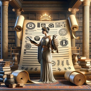 DALL·E 2023-11-27 02.43.13 - An image combining the concept of On-Page SEO with ancient Greek mythology. The scene depicts Athena, the Greek goddess of wisdom and strategy, in a g (1)