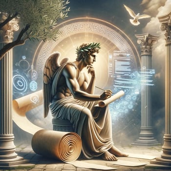 DALL·E 2023-11-27 02.46.31 - An image depicting the Greek god Apollo in the act of content creation, combining ancient Greek mythology with modern concepts. Apollo is portrayed in (1)