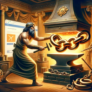 DALL·E 2023-11-27 02.47.23 - An imaginative representation of link building in the context of ancient Greek mythology. The image features Hephaestus, the Greek god of blacksmiths  (1)