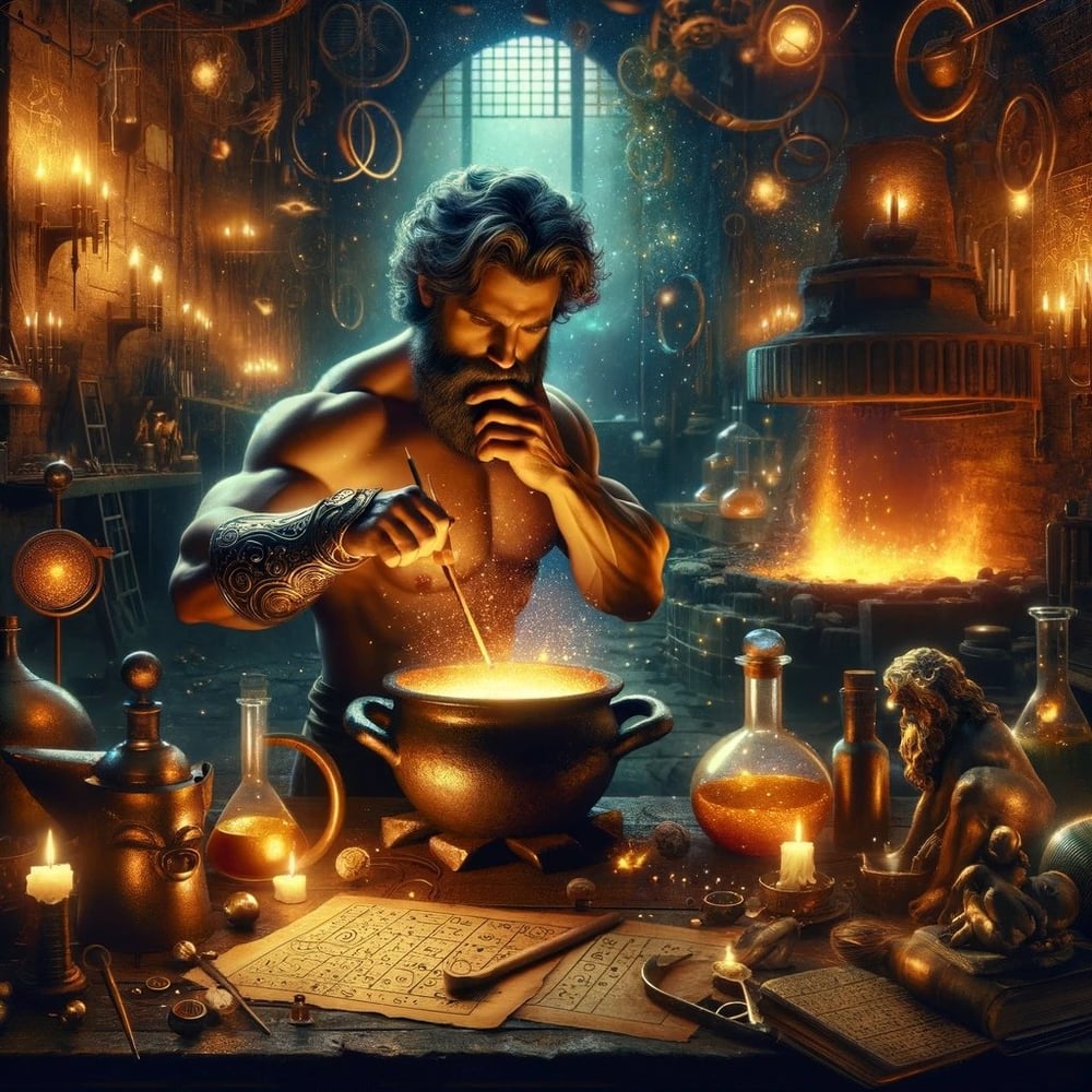 DALL·E 2023-11-27 02.56.14 - An image portraying a male Greek god involved in the creation of a secret formula, blending ancient mythology with the theme of discovery. The scene f (1)